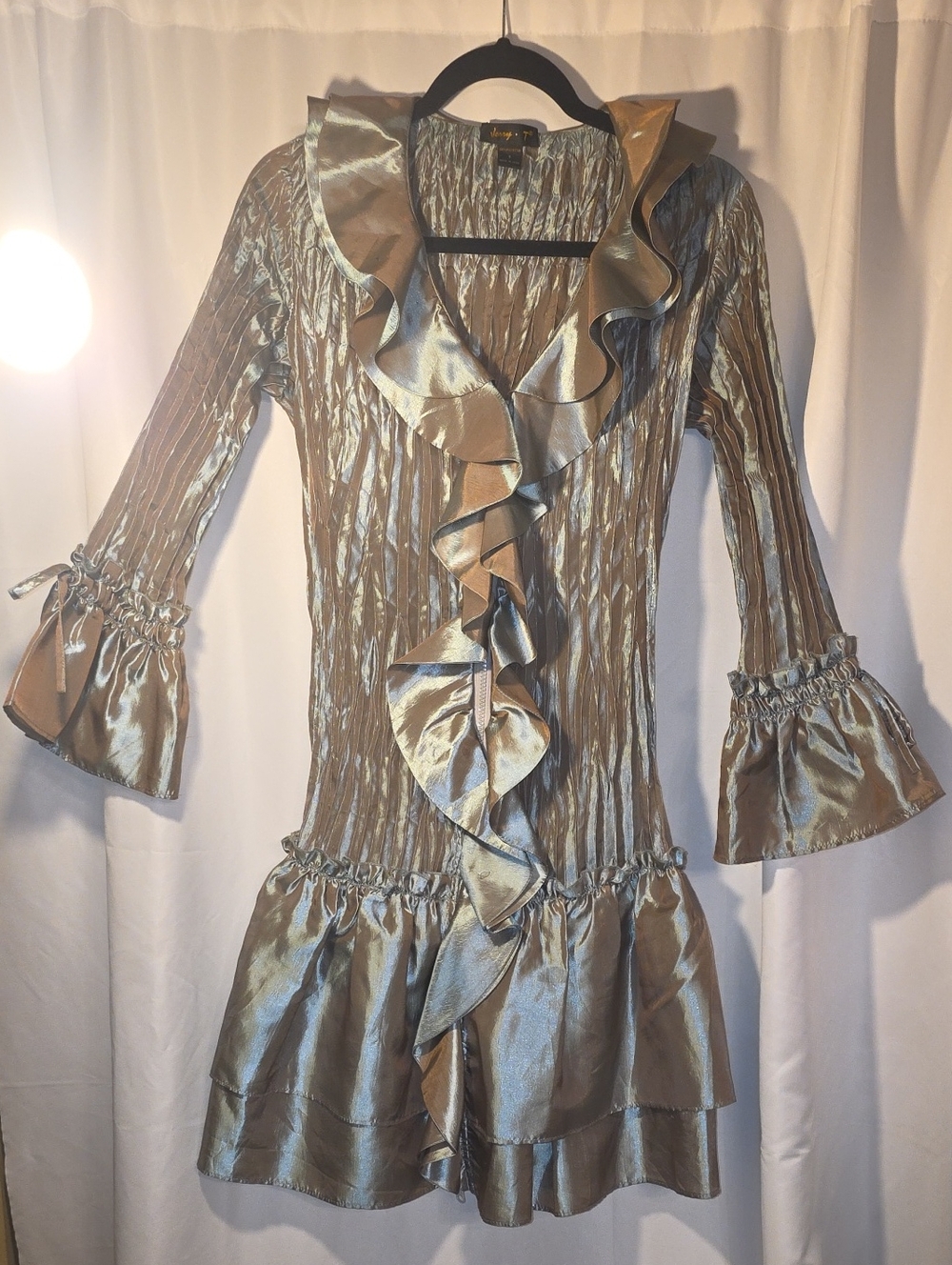 Jerry T Metallic Taupe Ruffle Mini Dress - Women's Shimmery Evening Dress Size S